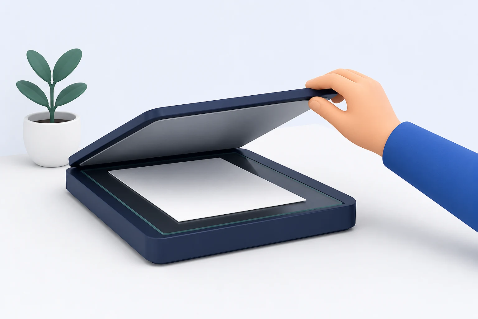 A hand lowers the raised lid of a compact navy flatbed scanner onto a single blank sheet lying face up on the glass plate