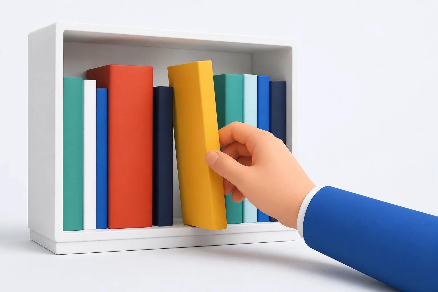 A hand pulls one thick amber book out of a white shelf where blank spines of different widths and colours stand side by side