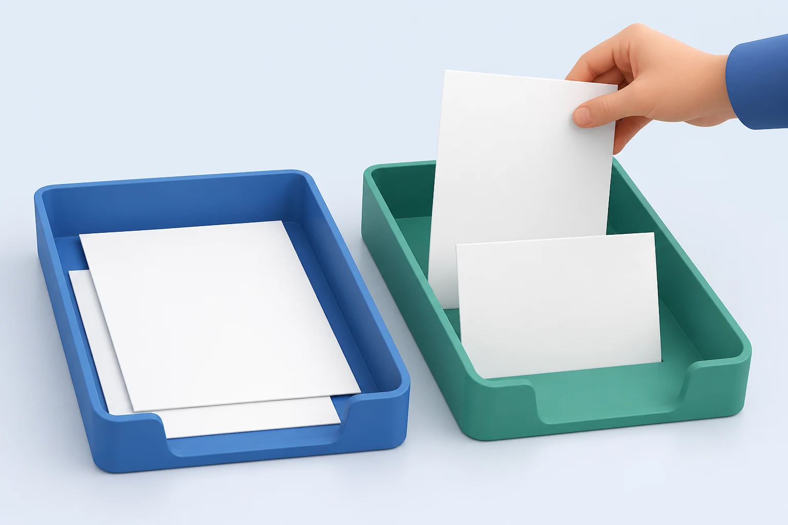 Two desk trays side by side: the blue tray holds two identical blank sheets stacked with an offset, and a hand lowers a single blank sheet into the green tray
