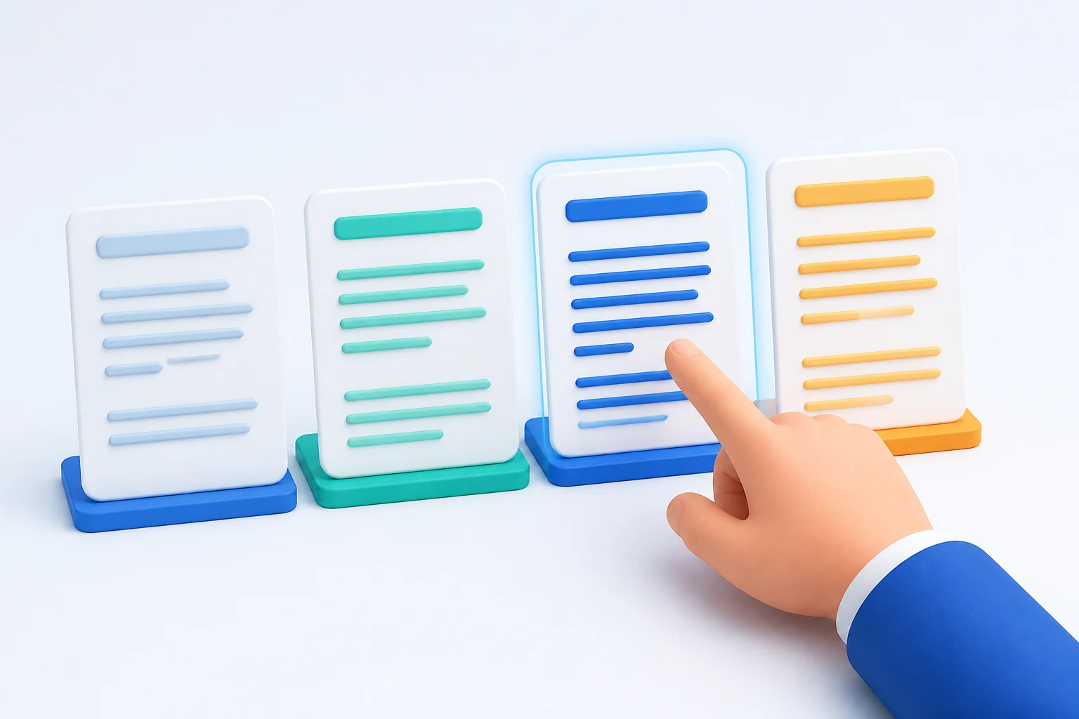 A hand points at one of four upright cards standing side by side on coloured bases; each card carries the same passage of abstract text lines set in a different rhythm and colour, and the card being pointed at is outlined in blue