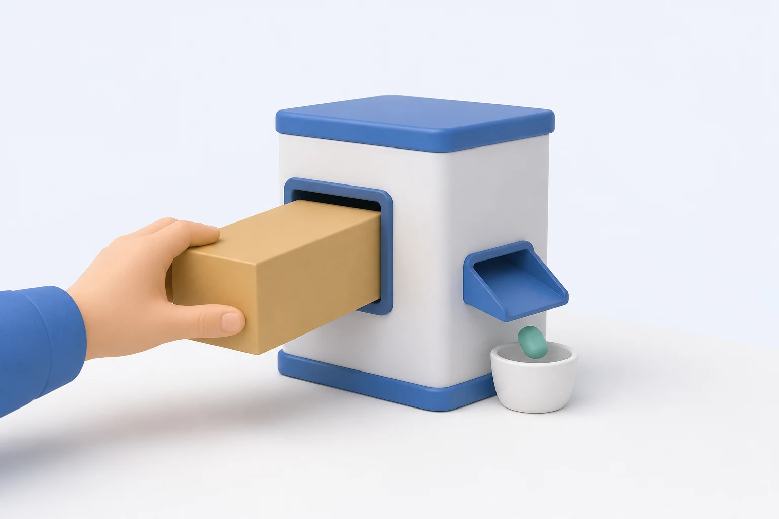 A hand pushes a large sealed box into the intake slot of a small self-service machine, and a single tiny green pellet drops from its chute into a cup.
