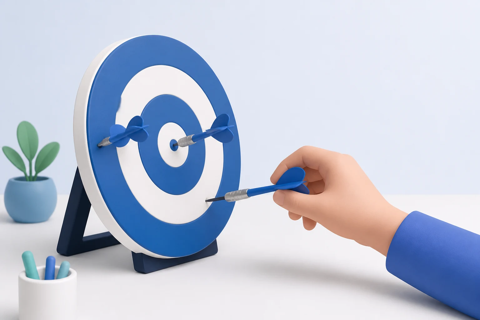 A hand places a third dart into a blue-and-white target board standing on a desk; two darts are already stuck in it, one in the centre ring and one off to the side