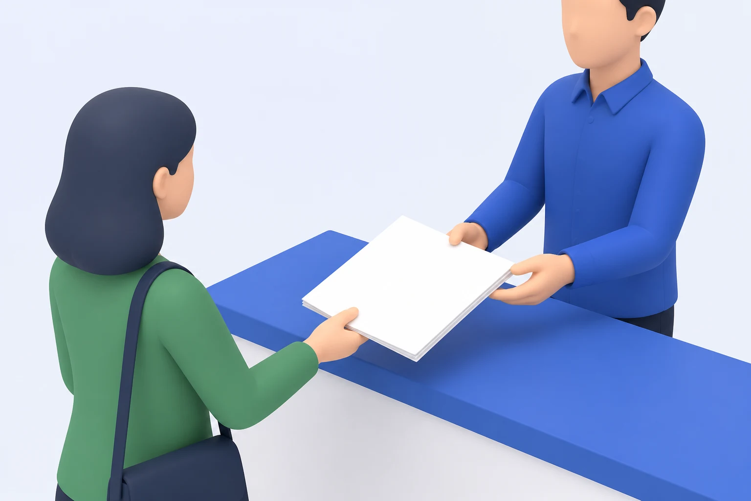 A visitor hands a stack of printed pages across a counter to a clerk who takes it for checking.