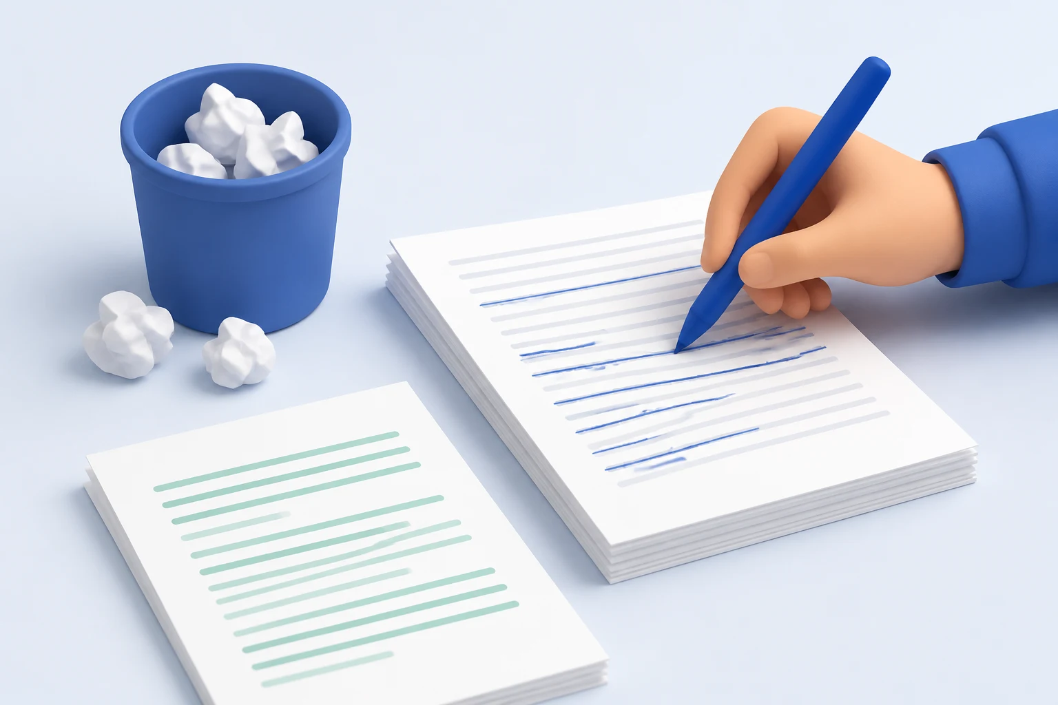 A hand strikes a pen through lines of a printed page; crumpled earlier rewrites lie in and around a bin, with one clean rewritten page left on the desk.