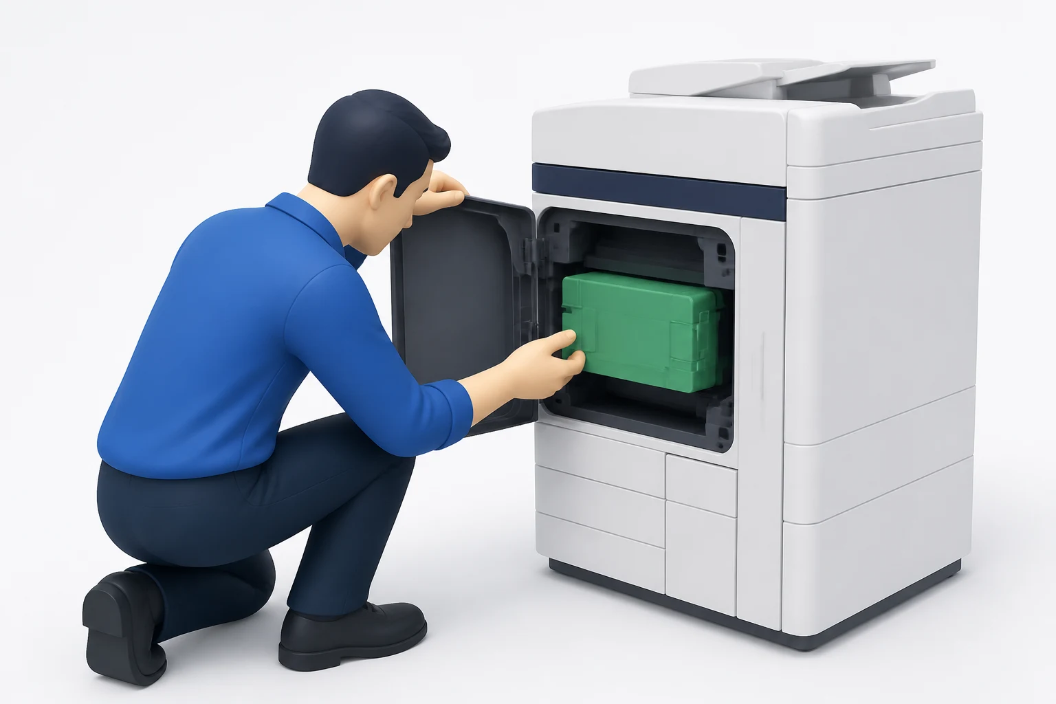 A technician kneels to open the service panel of a large office machine and looks at the single green module inside it.